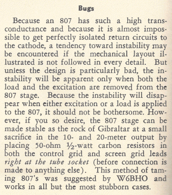Radio Magazine text explaining how to add 50-ohm stopper resistors to the grid and screen circuits of an 807 amplifier.