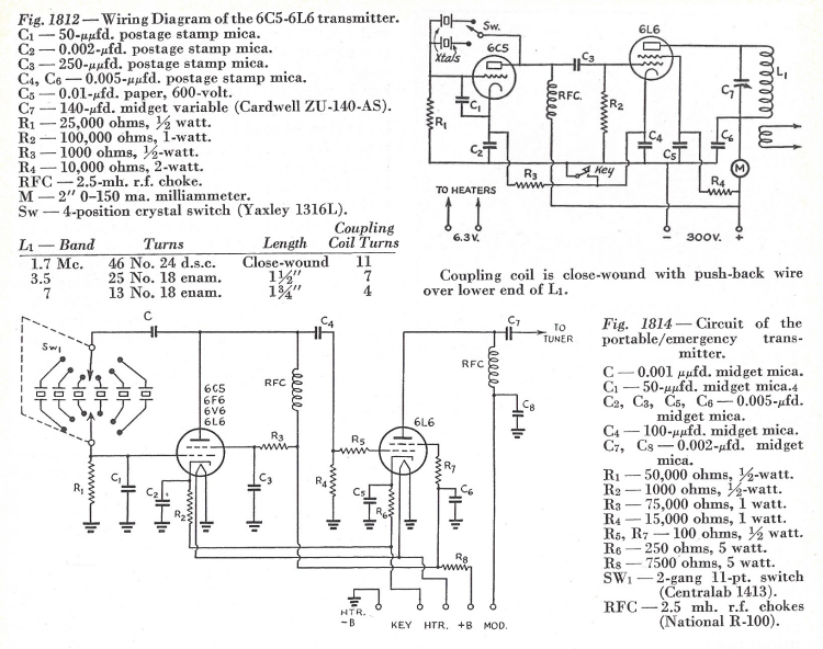 Boosted Pierce portable-emergency transmitter schematics diagrams from the 1940 ARRL Radio Amateur's Handbook.
