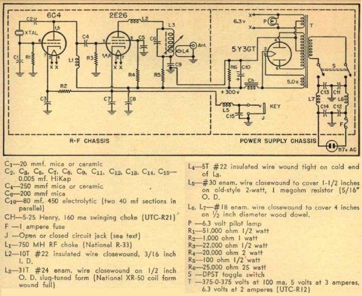 Boosted pierce transmitter schematic diagram from page 15 of March 1951 CQ magazine.