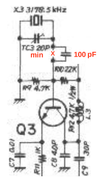 FR-101 receiver sub-schematic showing 100=pF capacitor in series between Q3 and the parallel combination of crystal X3 and trimmer capacitor TC3.