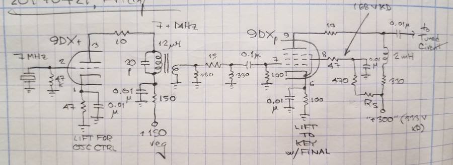 Schematic diagram an HC-49-crystal-friendly crystal oscillator circuit using 9DX triode-pentode tube.