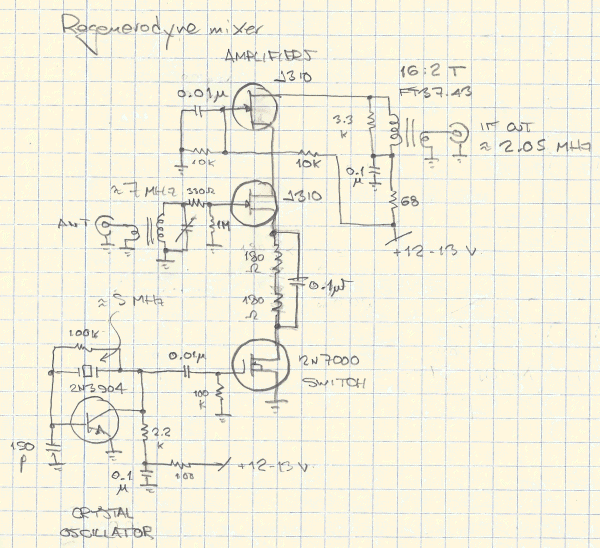 Schematic of a 2N7000-MOSFET-switched two-cascoded-JFETs mixer and BJT switching oscillator.
