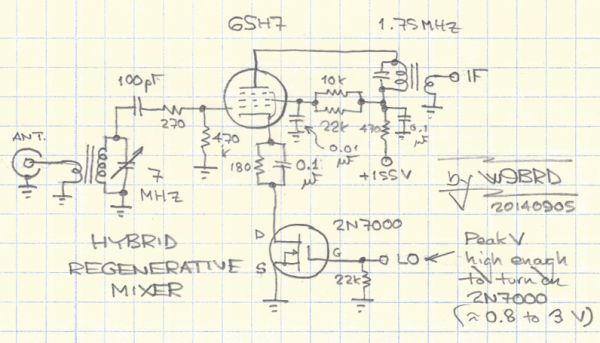 Schematic diagram of hybrid frequency mixer with 6SH7 pentode and 2N7000 triode MOSFET.