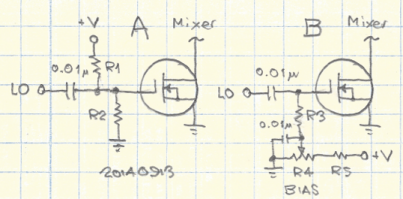 Schematic diagram of options for biasing the 2N7000 mixer cathode switch.