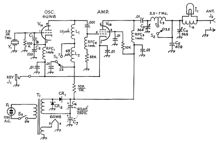 The Mighty Midget transmitter schematic from McCoy, February 1966 QST.