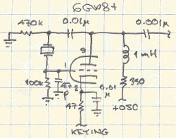 Schematic of the Mighty Midget triode rewired as a Pierce crystal oscillator.