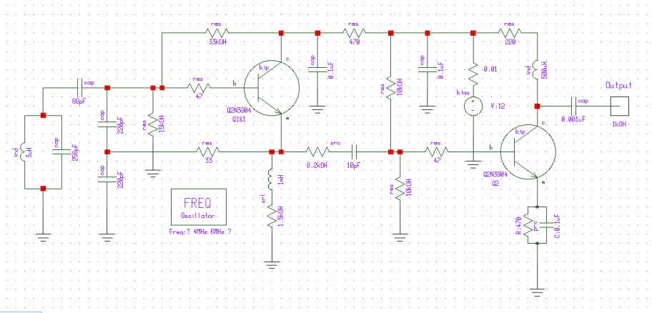 Schematic diagram of a two-BJT variable frequency oscillator.