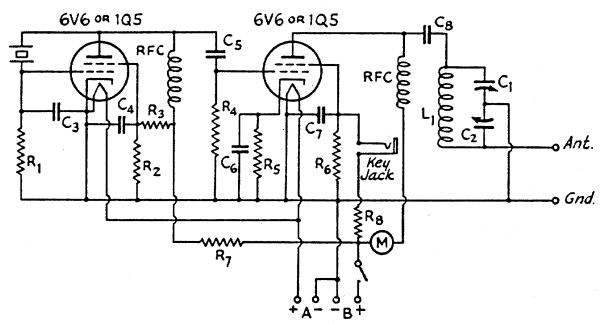 Two-screen-grid-tube Boosted Pierce transmitter schematic from Bacon, July 1941 QST.