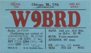 W9BRD 1941 QSL card from ARRL QSO Party