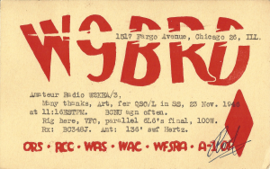 W9BRD QSL card, unused red fill for prewar/1949 card for 1517 Fargo Avenue