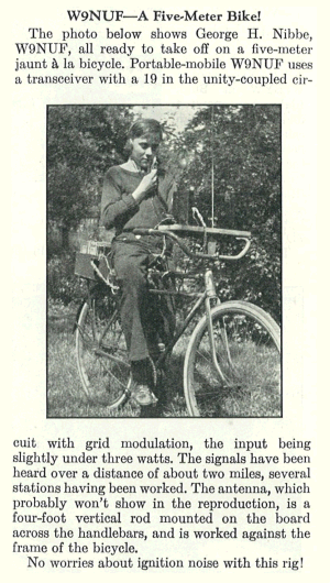 QST magazine short article on George H. 'Bud' Nibbe, W9NUF, and his 5-meter-transceiver-equipped bicycle, with embedded photo of Nibbe.