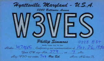 Image of W3VES QSL card from 1950.