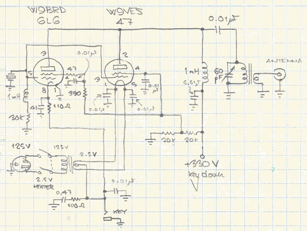 Schematic diagram of W9VES-W9BRD Changeover Transmitter.