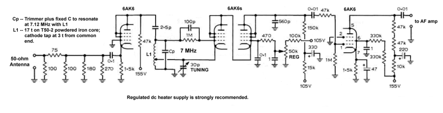Schematic diagram of 6AK6-based regenerative receiver for watching 7120 kHz.