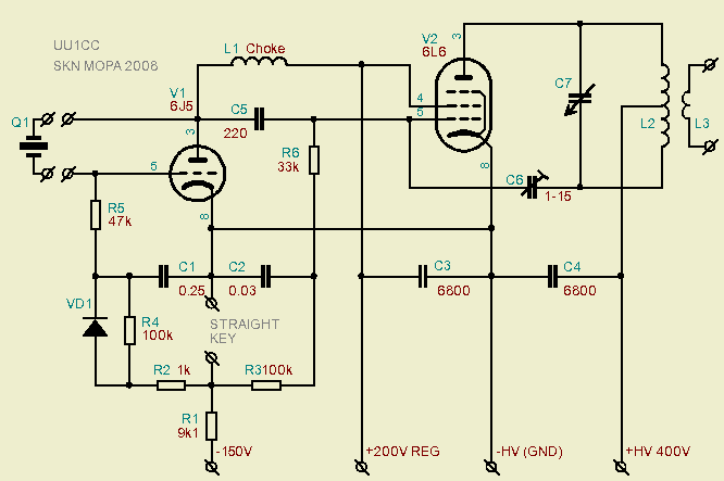 Boosted pierce transmitter schematic diagram from page 288 of the 1947 Radio Handbook.