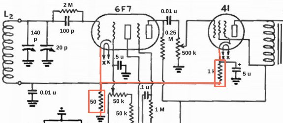 6F7-41 receiver schematic detail showing intercnnection of the 6F7 and 41 cathode returns.