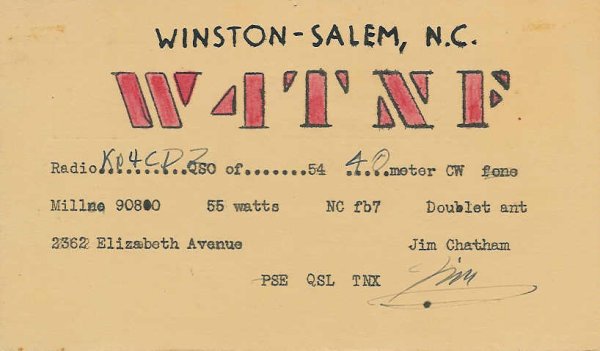 Image of W4TNF QSL card from 1954.