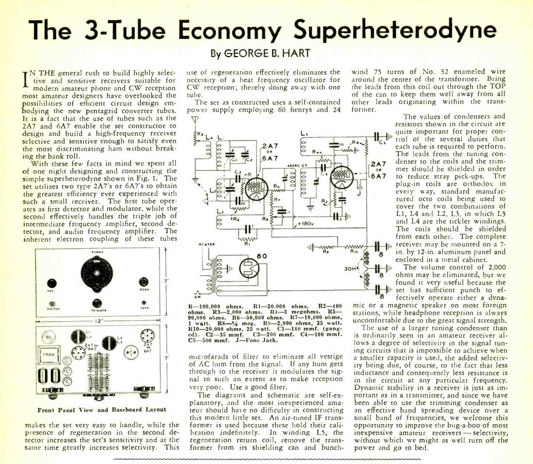 Image of complete July 1934 Radio magazine article describing the Hart 3-Tube Economy Superheterodyne.
