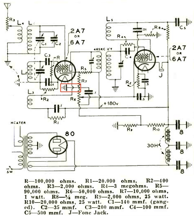 Schematic diagram of the Hart superheterodyne receiver corrected to include a critical missing common connection.