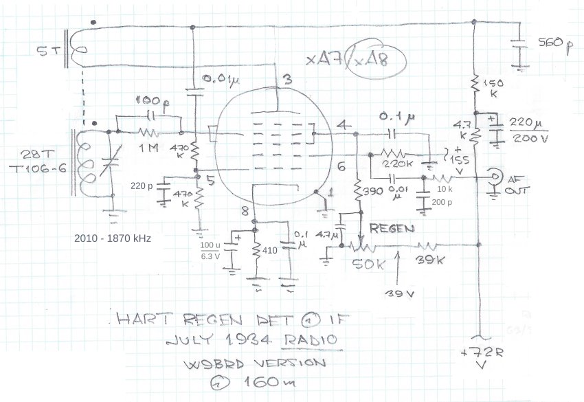 Schematic diagram of the W9BRD mplementation of the Hart pentagrid-mixer regenerative detector and audio amplifier.