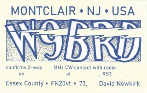 W9BRD Montclair NJ QSL. Designed January 2021; printed September 2024 by KB3IFH